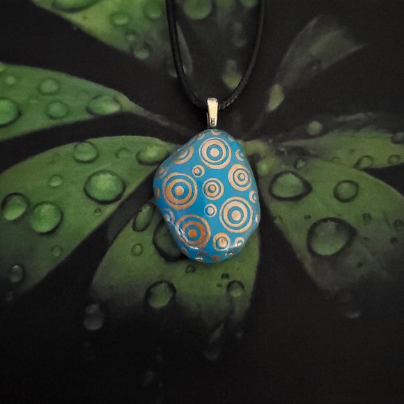 Hand Painted Dot Art Pendant, Turquoise and Gold - Picture 9 of 12